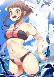 Rule 34 | 1girl, bikini, boku no hero academia, breasts, brown eyes, brown hair, halterneck, medium breasts, midriff, navel, open mouth, outdoors, short hair, sidelocks, solo, standing, swimsuit, teeth, thighs, uraraka ochako, water, wet, zd (pixiv6210083)