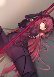 Rule 34 | 1girl, armor, bodysuit, breasts, covered erect nipples, fate/grand order, fate (series), gae bolg (fate), highres, holding, holding weapon, kesoshirou, long hair, looking at viewer, lying, on back, parted lips, pauldrons, polearm, purple bodysuit, purple hair, red eyes, scathach (fate), shoulder armor, solo, spear, spread legs, very long hair, weapon