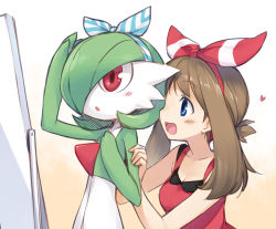 Rule 34 | 10s, 1girl, bad id, bad pixiv id, blue eyes, blush, bow, brown hair, clothed pokemon, creatures (company), game freak, gardevoir, gen 3 pokemon, gradient background, hair bow, hair ribbon, heart, lowres, may (pokemon), may (pokemon oras), mirror, nintendo, open mouth, pokemon, pokemon (creature), pokemon oras, red eyes, ribbon, sidelocks, two side up, utsugi (skydream)