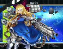 Rule 34 | 1girl, blonde hair, blue dress, blue eyes, bow, bullet, closed mouth, commission, dated, dress, feet out of frame, gun, hair bow, holding, holding weapon, houdukixx, long hair, looking at viewer, red bow, shanghai doll, signature, skeb commission, solo, touhou, weapon