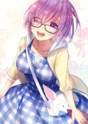 Rule 34 | 1girl, :d, bag, black-framed eyewear, bobo (uccello), breasts, collarbone, dress, fate/grand order, fate (series), glasses, hair between eyes, handbag, highres, jacket, looking up, mash kyrielight, mash kyrielight (senpai killer outfit), medium breasts, official alternate costume, open clothes, open jacket, open mouth, pink hair, purple eyes, short hair, smile, solo, standing, yellow jacket