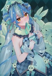 Rule 34 | 1girl, blue hair, blush, hair between eyes, hat, highres, holding, holding own hair, long hair, looking at viewer, low twintails, mob cap, mouth hold, multicolored hair, nijisanji, nijisanji en, orange eyes, rabbit hat ornament, ribbon, ribbon in mouth, scrunchie, shion art, solo, streaked hair, twintails, twisty amanozako, very long hair, virtual youtuber, wrist scrunchie