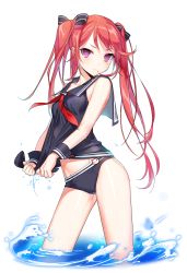 Rule 34 | 1girl, absurdres, asymmetrical hair, bikini, bikini bottom only, black bikini, black bow, black shirt, bow, closers, collarbone, cowboy shot, cropped legs, frown, groin, hair bow, highres, long hair, looking at viewer, luna aegis (closers), midriff, navel, neckerchief, official art, purple eyes, red hair, red neckerchief, sailor collar, shirt, simple background, sleeveless, sleeveless shirt, solo, standing, stomach, swimsuit, thighs, twintails, very long hair, wading, white background