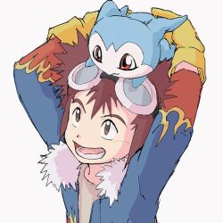 Rule 34 | 1boy, arms up, blue jacket, blue skin, brown eyes, brown hair, chibimon, colored skin, digimon, digimon adventure 02, fur-trimmed jacket, fur trim, gloves, goggles, goggles on head, jacket, kubota keita, lower teeth only, motomiya daisuke, open clothes, open jacket, orange gloves, red eyes, red jacket, short hair, simple background, smile, teeth, tongue, white background