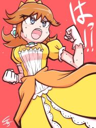 Rule 34 | 1girl, blue eyes, blush, breasts, bright pupils, brooch, brown hair, clenched hands, crown, dress, earrings, eyelashes, flipped hair, flower earrings, gloves, hand up, japanese text, jewelry, kurachi mizuki, long dress, mario (series), medium breasts, medium hair, nintendo, open mouth, orange dress, princess, princess daisy, puffy short sleeves, puffy sleeves, red background, short sleeves, simple background, solo, super mario land, sweat, teeth, translated, upper teeth only, v-shaped eyebrows, white gloves, white pupils, yellow dress
