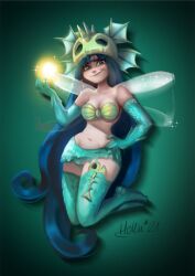 Rule 34 | 1girl, absurdly long hair, annetta fish (rayman), aqua gloves, aqua skirt, aqua thighhighs, bare shoulders, blue hair, breasts, cleavage, elbow gloves, fairy, fairy wings, fish skeleton, gloves, gradient background, green background, hand on own hip, highres, ladystarpanda, long hair, looking at viewer, medium breasts, rayman origins, shell, shell bikini, signature, skirt, smile, solo, sparkle, thighhighs, very long hair, wings