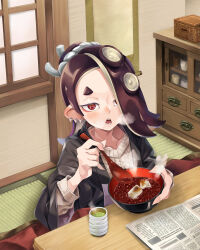 Rule 34 | 1girl, bowl, cephalopod eyes, collarbone, commentary request, earrings, eyelashes, food, hair over one eye, highres, holding, holding spoon, indoors, jajanome, medium hair, newspaper, nintendo, octoling, open mouth, red eyes, red hair, shiver (splatoon), solo, splatoon (series), splatoon 3, spoon, steam, teeth, tentacle hair, thick eyebrows, tooth earrings
