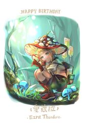 Rule 34 | 1boy, ankle boots, black socks, blonde hair, blue eyes, bob cut, boots, brown pants, character name, chinese text, device, english text, ezra theodore, forest, from side, full body, gloves, grass, hands up, happy birthday, hat, highres, holding, holding mushroom, looking at viewer, midriff, mushroom, mushroom hat, nature, noco (nocoli jo), pants, red footwear, red gloves, red hat, reverse:1999, shirt, short hair, sleeves pushed up, smile, socks, solo, squatting, tree, white shirt