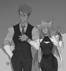 Rule 34 | 1boy, 1girl, absurdres, achilles (fate), adjusting hair, ahoge, alternate costume, animal ear fluff, animal ears, atalanta (fate), bare shoulders, breasts, cat ears, claws, cleavage cutout, clothing cutout, collared shirt, contemporary, cowboy shot, dated, dress, fate/apocrypha, fate/grand order, fate (series), greyscale, hair between eyes, halter dress, halterneck, hand in pocket, highres, long hair, looking to the side, medium breasts, monochrome, necktie, parted lips, sash, shade, shirt, sidelocks, signature, sleeveless, sleeveless dress, sleeves rolled up, solkorra, spiked hair, standing, toned, v-shaped eyebrows, vest, watch, wristband, wristwatch