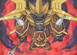 Rule 34 | armor, digimon, highres, lance, lion, polearm, raihimon, red eyes, weapon, wings