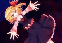 Rule 34 | 1girl, bad id, bad pixiv id, blonde hair, embodiment of scarlet devil, fang, female focus, gradient background, hair ribbon, highres, outstretched arms, red eyes, ribbon, rumia, solo, touhou, yanagi ryou