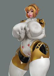 Rule 34 | 1girl, absurdres, aegis (persona), artist request, bimbofication, blonde hair, blue eyes, bodysuit, bow, breasts, curvy, eyelashes, eyeshadow, female focus, gynoid, high heels, highres, huge breasts, leotard, lips, lipstick, makeup, persona, persona 3, ribbon, robot, robot girl, short hair, solo, standing, thick thighs, thighhighs, thighs, transformation, video game, white leotard, white thighhighs, wide hips