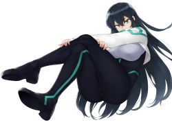Rule 34 | 1girl, aqua eyes, ass, black bodysuit, black hair, bodysuit, breasts, cold (hoshinoskull), gundam, gundam build divers, gundam build divers re:rise, hugging own legs, impossible bodysuit, impossible clothes, large breasts, long hair, looking at viewer, may (gundam build divers re:rise), shrug (clothing), simple background, solo, thighs, white background