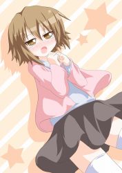 Rule 34 | 1girl, brown eyes, brown hair, hair down, k-on!, kagerou (kers), kers, open mouth, short hair, skirt, solo, star (symbol), tainaka ritsu, tears, thighhighs, white thighhighs