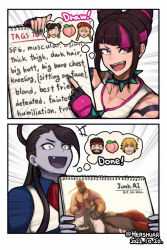 Rule 34 | &gt; &lt;, 2girls, 2koma, ai-generated art (topic), aqua nails, black hair, cammy white, capcom, chun-li, collar, colored skin, comic, commentary, cone hair bun, dated, double bun, drawing, earrings, emoji, english commentary, english text, fang, female seth (street fighter), fingerless gloves, food, frown, fruit, gloves, grey skin, hair bun, han juri, hershuar, jewelry, ken masters, list, multicolored hair, multiple girls, nail polish, open mouth, orange eyes, peach, pink eyes, pink hair, pointing, ryu (street fighter), seth (street fighter), sitting, sitting on face, sitting on person, smile, spiked collar, spikes, streaked hair, street fighter, street fighter 6, street fighter v, thought bubble, twitter username, two-tone hair, x x