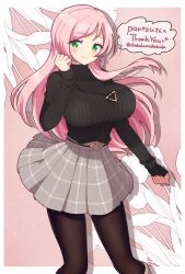 Rule 34 | 1girl, black pantyhose, black sweater, borrowed character, breasts, checkered clothes, checkered skirt, closed mouth, cropped legs, dadadanoda, earrings, flower, green eyes, grey skirt, jewelry, large breasts, long hair, long sleeves, looking at viewer, necklace, original, pantyhose, pink background, pink hair, pleated skirt, ribbed sweater, skirt, sleeves past wrists, smile, solo, sweater, sweater tucked in, swept bangs, turtleneck, turtleneck sweater