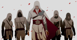 Rule 34 | 5boys, armor, assassin&#039;s creed, assassin&#039;s creed: brotherhood, assassin&#039;s creed (series), assassin&#039;s creed ii, beard, belt, blade, bracer, cape, concealed weapon, ezio auditore da firenze, facial hair, gb (doubleleaf), gloves, hood, manly, multiple boys, petals, simple background, vambraces, weapon