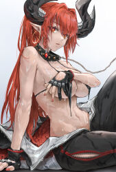Rule 34 | 1girl, bare shoulders, bikini, black bikini, black gloves, braid, collar, commission, earrings, fingerless gloves, gloves, highres, horns, jewelry, leash, long hair, navel, open mouth, original, pointy ears, red eyes, red hair, red nails, sitting, solo, sterben, sweat, swimsuit
