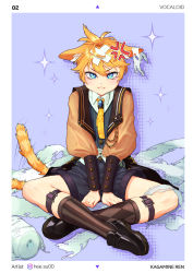 Rule 34 | 1boy, :i, absurdres, afterimage, anger vein, angry, animal ears, arm support, asymmetrical legwear, bandaid, bandaid on head, belt, black footwear, black shorts, blonde hair, blue eyes, bolo tie, border, brooch, cat boy, cat ears, cat tail, character name, collared shirt, crossed ankles, diamond (shape), drop shadow, full body, hee suu, highres, jacket, jewelry, kagamine len, knee strap, kneehighs, loafers, long sleeves, mismatched legwear, necktie, object on head, plantar flexion, pout, puffy long sleeves, puffy sleeves, purple background, sailor collar, shirt, shoes, short hair, shorts, sitting, socks, solo, sparkle, striped clothes, striped socks, tail, tail wagging, tearing up, toilet paper, vertical-striped clothes, vertical-striped socks, vest, vocaloid, yellow necktie