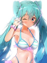 Rule 34 | 1girl, absurdres, bikini, blue eyes, blue hair, breasts, cleavage, hair between eyes, halkawa501, hatsune miku, highres, long hair, looking at viewer, medium breasts, navel, one eye closed, scrunchie, simple background, solo, striped bikini, striped clothes, swimsuit, twintails, vocaloid, white background, wrist scrunchie