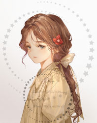 Rule 34 | 1girl, artist name, bow, brown bow, brown dress, brown hair, closed mouth, dress, flower, from side, grey background, hair bow, hair flower, hair ornament, highres, long hair, long sleeves, looking at viewer, original, orry, ponytail, red flower, solo, star (symbol), watermark