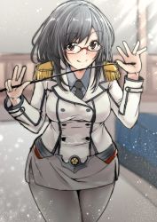 Rule 34 | 1girl, aga marino, bad id, bad twitter id, black hair, black necktie, black pantyhose, buttons, collared shirt, commentary request, cosplay, cowboy shot, crest, double-breasted, epaulettes, glasses, gloves, grey skirt, highres, jacket, kantai collection, katori (kancolle), katori (kancolle) (cosplay), leaning forward, looking at viewer, military, military uniform, miniskirt, necktie, pantyhose, pencil skirt, red-framed eyewear, red eyes, riding crop, shirt, short hair, skirt, smile, solo, uniform, white gloves, yamashiro (kancolle)