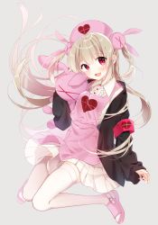 Rule 34 | 1girl, :d, apron, armband, black jacket, rabbit hair ornament, commentary, hair ornament, hat, heart, highres, jacket, long hair, looking at viewer, naoto (tulip), natori sana, nurse cap, open mouth, pink apron, pink footwear, pleated skirt, red eyes, sana channel, simple background, skirt, slippers, smile, solo, two side up, virtual youtuber, white background