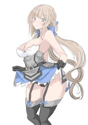 Rule 34 | 1girl, absurdres, black gloves, black panties, black thighhighs, blue eyes, braid, breasts, brown hair, clothes lift, dress, dress lift, feet out of frame, french braid, garter straps, gloves, grey dress, highres, kantai collection, ken (shutenndouji1), large breasts, long hair, low twintails, maryland (kancolle), panties, simple background, solo, standing, strapless, strapless dress, thighhighs, twintails, underwear, white background