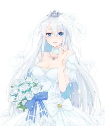 Rule 34 | 1girl, azur lane, bad id, bad twitter id, bare shoulders, blue eyes, bouquet, breasts, bridal veil, bride, cleavage, collarbone, commentary request, cowboy shot, crown, dress, earrings, enterprise (azur lane), enterprise (starlight oath) (azur lane), eyelashes, fingernails, floating hair, flower, hand up, highres, holding, holding bouquet, inactive account, jewelry, looking at viewer, medallion, medium breasts, mini crown, neck garter, parted lips, ribbon, ring, rose, shichijou natori, silver hair, smile, solo, veil, wedding dress, wedding ring, white dress, white flower, white rose