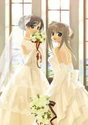 Rule 34 | 2girls, blue eyes, bouquet, bride, dress, elbow gloves, flower, gloves, highres, multiple girls, naruse chisato, original, wedding dress, wife and wife, yuri