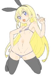 Rule 34 | &gt;:d, 1girl, :d, absurdres, animal ears, armpits, bad id, bad twitter id, bare arms, bare shoulders, bikini, black thighhighs, blonde hair, blue bikini, blue eyes, breasts, donguri suzume, fake animal ears, full body, gluteal fold, hand on own hip, highres, kneeling, long hair, looking at viewer, micro bikini, navel, no shoes, open mouth, original, rabbit ears, simple background, small breasts, smile, solo, swimsuit, thighhighs, v, v-shaped eyebrows, very long hair, white background