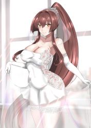 Rule 34 | 1girl, absurdres, blush, breasts, bridal veil, brown eyes, cleavage, collarbone, dress, elbow gloves, gloves, hair intakes, highres, indoors, kantai collection, ken (shutenndouji1), large breasts, long hair, looking at viewer, ponytail, sidelocks, smile, solo, standing, thighhighs, upper body, veil, very long hair, wedding dress, white dress, white gloves, white thighhighs, yamato (kancolle)