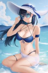 Rule 34 | 1girl, bikini, black hair, blue-tinted eyewear, blue bikini, blue bow, blue choker, blue ribbon, blue sky, bow, breasts, choker, cleavage, cloud, cloudy sky, criss-cross halter, green eyes, halterneck, hat, hat bow, hat ribbon, heart, heart necklace, highres, jewelry, large breasts, lin (tower of fantasy), long hair, looking at viewer, necklace, re butayarou, ribbon, sitting, sky, smile, solo, sunglasses, swimsuit, tinted eyewear, tower of fantasy, white hat, yokozuwari