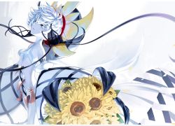 Rule 34 | 1girl, black sclera, colored sclera, colored skin, fate/grand order, fate (series), flower, head tilt, highres, looking at viewer, sleeves past elbows, solo, sunflower, ub1mo, van gogh (fate), van gogh (third ascension) (fate), white eyes, white hair, white skin, yellow flower, yellow headwear