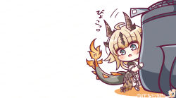 Rule 34 | 1girl, absurdres, ahoge, arknights, benizika, black jacket, black pantyhose, blonde hair, blue eyes, blush, chibi, colored shadow, commentary request, dragon girl, dragon horns, dragon tail, dress, flame-tipped tail, highres, horns, jacket, long hair, looking at viewer, pantyhose, parted lips, peeking out, recruitment bag (arknights), reed (arknights), shadow, simple background, solo, tail, translation request, twitter username, white background, white dress