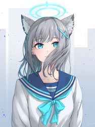 Rule 34 | 1girl, absurdres, alternate costume, animal ear fluff, animal ears, blue archive, cat ears, closed mouth, collarbone, crossed legs, debris, earrings, green eyes, grey hair, halo, highres, jewelry, long sleeves, looking at viewer, medium hair, mismatched pupils, sailor collar, shiroko (blue archive), shirt, sjuno, smile, solo, stud earrings, upper body, white shirt, wind