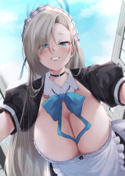 Rule 34 | 1girl, apron, asuna (blue archive), black choker, blue archive, blue bow, blue bowtie, blue eyes, blush, bow, bowtie, breasts, choker, cleavage, commentary request, detached collar, grey hair, halo, highres, ibara azuki, large breasts, long hair, looking at viewer, maid headdress, mole, mole on breast, outdoors, parted lips, puffy short sleeves, puffy sleeves, short sleeves, solo, white apron, white headwear
