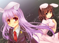Rule 34 | 2girls, amagumo, animal ears, blush, breasts, brown hair, crescent, dress, female focus, inaba tewi, long hair, looking back, medium breasts, multiple girls, necktie, open mouth, purple hair, rabbit ears, red eyes, red necktie, reisen udongein inaba, short hair, skirt, smile, star (symbol), tail, touhou