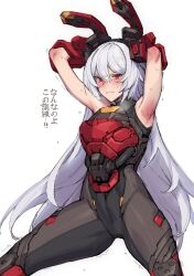 Rule 34 | 1girl, animal ears, armored leotard, armpits, arms up, bare shoulders, blush, charolic (girls&#039; frontline 2), commentary request, fake animal ears, girls&#039; frontline, girls&#039; frontline 2: exilium, grey hair, hair between eyes, highres, kanjy00u, leotard, long hair, mechanical ears, motion lines, parted lips, playboy bunny, rabbit ears, red eyes, shaking, simple background, solo, tactical playboy bunny, teeth, translated, white background