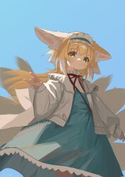 Rule 34 | 1girl, absurdres, animal ears, arknights, blonde hair, blue background, blue skirt, cardigan, closed mouth, colored tips, delfino, fox ears, fox girl, fox shadow puppet, fox tail, green eyes, high-waist skirt, highres, kitsune, kyuubi, long hair, long sleeves, looking at viewer, multicolored hair, multiple tails, neck ribbon, official alternate costume, red ribbon, ribbon, skirt, solo, suzuran (arknights), suzuran (spring praise) (arknights), tail, two-tone hair, white cardigan, white hair