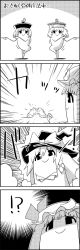 Rule 34 | !, !?, 4koma, bow, clenched hand, comic, commentary request, crescent, crescent hair ornament, crossed arms, fusion dance, greyscale, hair bow, hair ornament, hat, hat bow, highres, kirisame marisa, long hair, lunasa prismriver, merlin prismriver, mob cap, monochrome, no humans, patchouli knowledge, shaded face, short hair, shoujo kitou-chuu, smile, tani takeshi, touhou, translation request, witch hat, yukkuri shiteitte ne