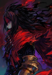 Rule 34 | 1boy, black hair, black shirt, buckle, cape, embers, final fantasy, final fantasy vii, from side, gauntlets, headband, hungry clicker, long hair, looking away, male focus, red cape, red eyes, shirt, solo, square enix, torn cape, torn clothes, upper body, vincent valentine