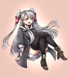 Rule 34 | 1girl, amatsukaze (kancolle), black thighhighs, boots, brown footwear, coat, grey coat, grey hair, hair tubes, high heel boots, high heels, highres, hood, hood down, hoodie, kantai collection, kazaharu matsuhata, long hair, long sleeves, official alternate costume, open clothes, open coat, red eyes, solo, thighhighs, two side up, white hoodie