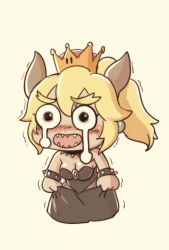 Rule 34 | 1girl, bare shoulders, black collar, black dress, blonde hair, bowsette, bracelet, breasts, chibi, cleavage, clothes lift, collar, crown, crying, dress, dress lift, earrings, full body, horns, jewelry, large breasts, lifting own clothes, long hair, mario (series), new super mario bros. u deluxe, nintendo, ponytail, seigetsu kotaku, sharp teeth, solo, spiked bracelet, spiked collar, spikes, strapless, strapless dress, super crown, super mario rpg, teeth, thick eyebrows, trembling