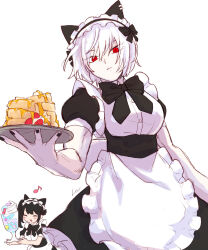 2girls absurdres animal_ears apron black_bow black_hair blush_stickers bow breasts cat_ears closed_eyes commentary_request cup eighth_note fake_animal_ears food frown highres holding holding_cup holding_tray ice_cream large_breasts maid maid_headdress multiple_girls muscular muscular_female musical_note original pale_skin red_eyes reu_(amaharaleu) ringed_eyes signature sundae tray underbust waist_apron white_hair wide_ponytail