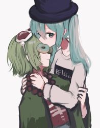Rule 34 | 2girls, aqua eyes, aqua hair, arms around neck, bead necklace, beads, blue headwear, donut hole (vocaloid), doughnut, food, goggles, goggles on head, gomiyama, green hair, green jacket, gumi, hatsune miku, highres, jacket, jewelry, mouth hold, multiple girls, necklace, parted lips, red goggles, sideways glance, smile, twintails, upper body, vocaloid