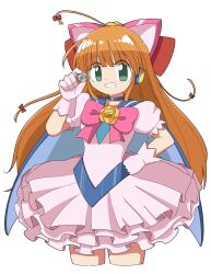 Rule 34 | 1girl, ahoge, animal ears, blue choker, bow, cape, cat ears, choker, cocia (kosianko), coin, commentary request, dress, frilled dress, frills, gloves, green eyes, grin, hair bow, highres, holding, holding coin, huge ahoge, long hair, mitsukoshi sakura, money idol exchanger, multiple hair bows, ok sign, orange hair, pink bow, pink dress, pink gloves, puffy short sleeves, puffy sleeves, red bow, short sleeves, smile, white background