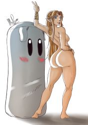 Rule 34 | 1girl, absurdres, artist name, ass, blonde hair, blue eyes, blush, breasts, earrings, elf, from behind, hand on own hip, highres, jewelry, long hair, looking at viewer, looking back, nintendo, nude, pointy ears, princess zelda, standing, super smash bros., the legend of zelda, the legend of zelda: a link between worlds, tiara, tongue, tongue out, triforce, triforce earrings, v