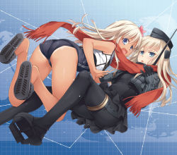 Rule 34 | 10s, 2girls, ass, blonde hair, blue eyes, bodysuit, dark-skinned female, dark skin, dual persona, flower, hair flower, hair ornament, hat, jacket, kantai collection, long hair, looking at viewer, map, military, military uniform, multiple girls, nakajima yuka, no pants, open clothes, open jacket, open mouth, ro-500 (kancolle), scarf, school swimsuit, school uniform, serafuku, shared clothes, shared scarf, slippers, smile, swimsuit, swimsuit under clothes, tan, tanline, u-511 (kancolle), uniform, very long hair