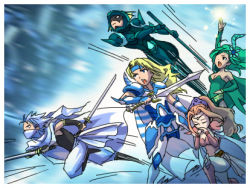 Rule 34 | 1990s (style), 2girls, 3boys, :o, armor, breastplate, brown hair, cain highwind, cecil harvey, covered mouth, edward geraldine, final fantasy, final fantasy iv, full armor, full body, green hair, holding, holding sword, holding weapon, jumping, lowres, multiple boys, multiple girls, ninja, open mouth, rosa farrell, rydia (ff4), shoulder pads, speed lines, sword, weapon